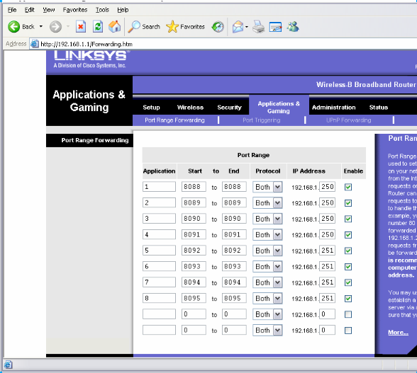 Linksys port mapping for Tempurity System